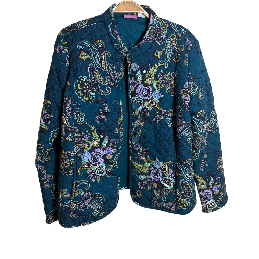 Pappagallo Tealโ Paisley Floral Quilted Cotton Jacket Womens Medium Vintage y2k